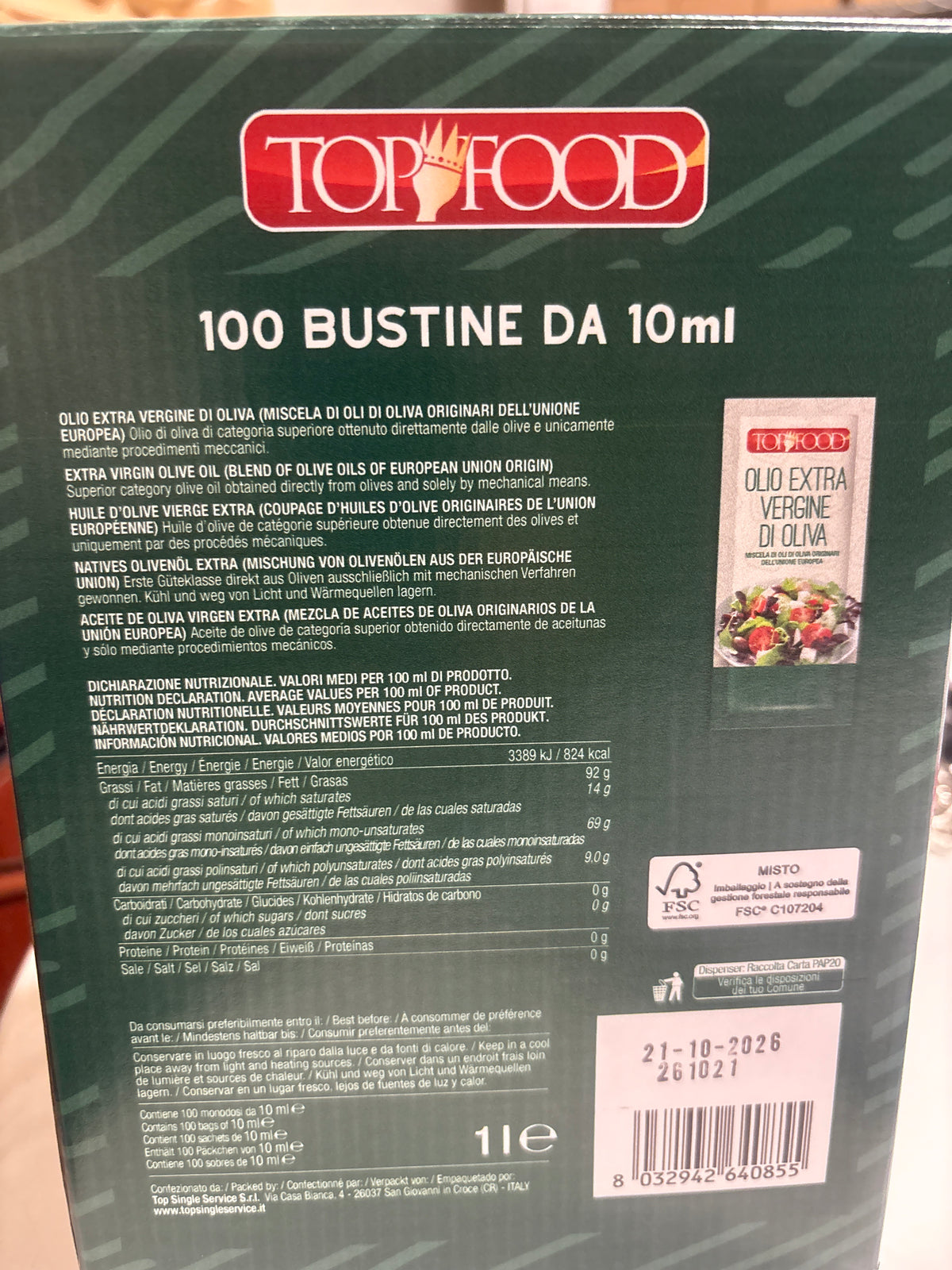 Mini virgin olive oil sachet 100x 10 ml (100 in case)